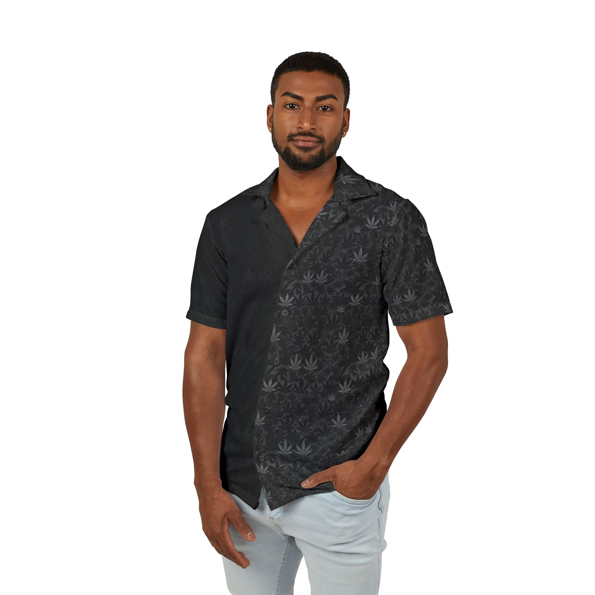 Black Leaf Pattern Hawaiian Shirt — Men's Camp Shirt, Subtle Cannabis AOP