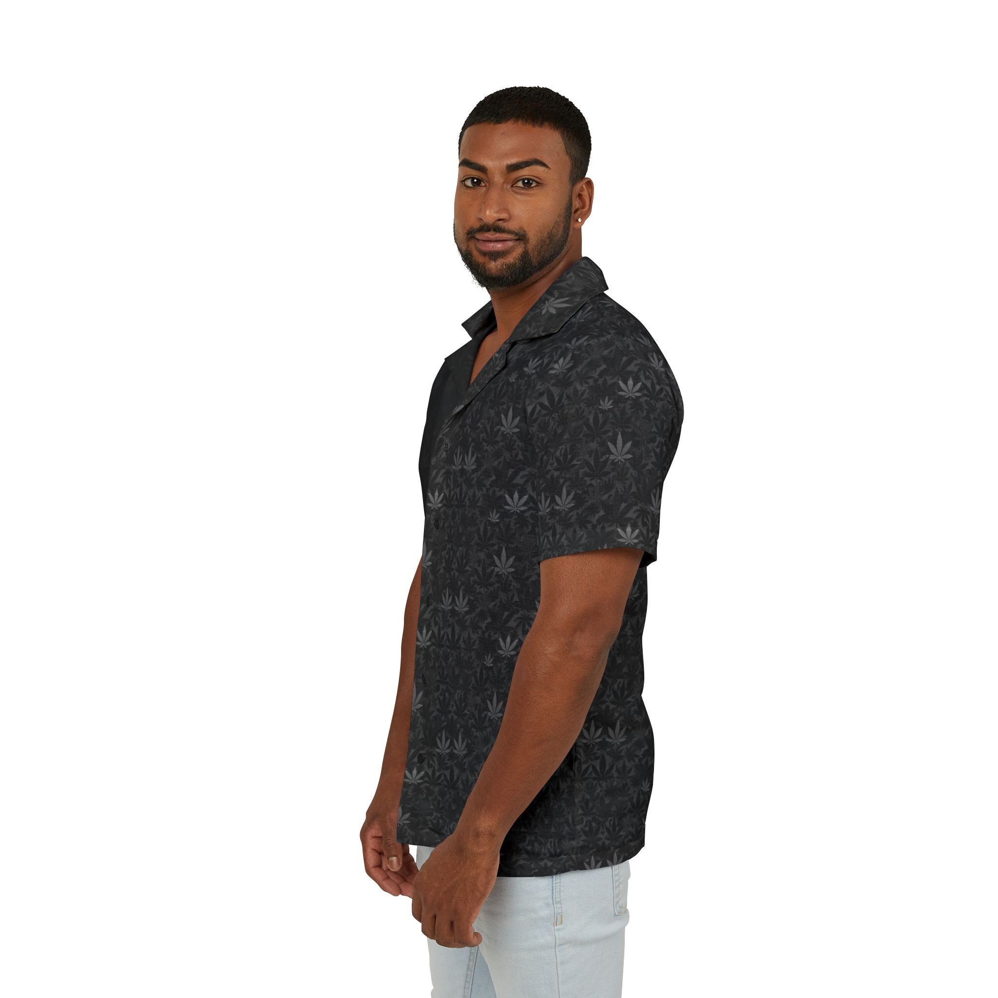 Black Leaf Pattern Hawaiian Shirt — Men's Camp Shirt, Subtle Cannabis AOP