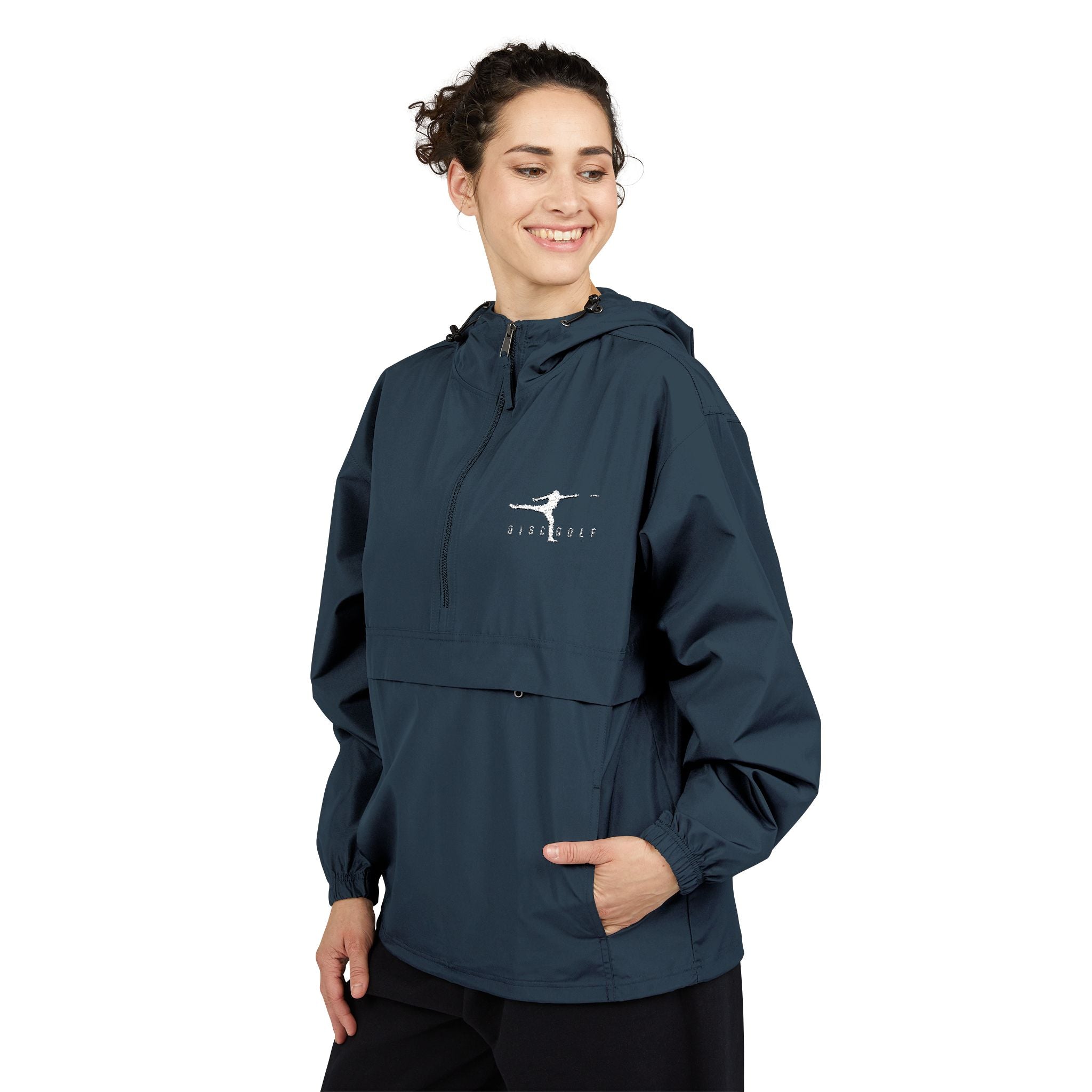 Disc Golf Man Packable Anorak Jacket — Lightweight Hooded Windbreaker with Small Logo